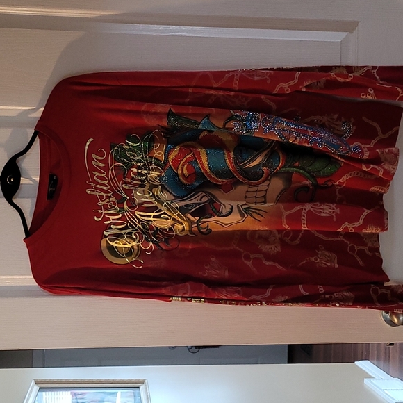 Vintage Christian Audiger red long sleeve dual skull shirt.  size XL - Picture 4 of 4